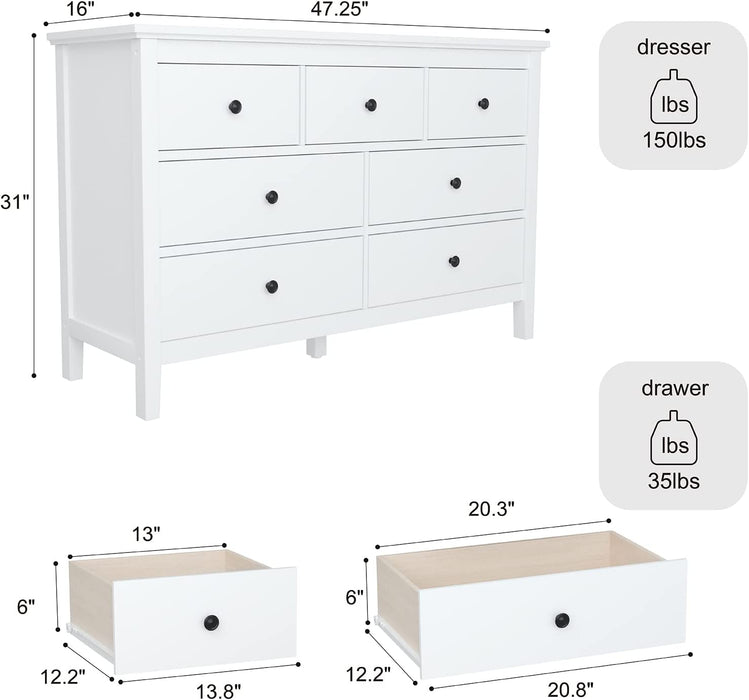 White 7-Drawer Modern Dresser with Solid Wood Legs