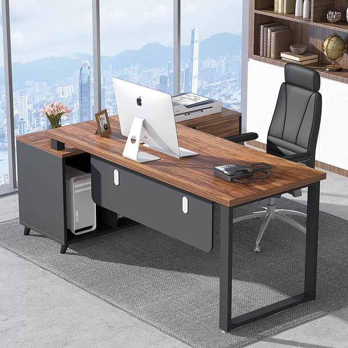 Executive L-Shaped Desk W/ Cabinet Shelves