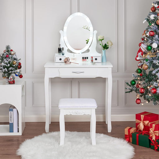 White Makeup Vanity Set with LED Lighted Mirror