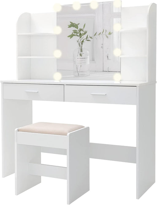 Large Vanity Set with 10 Light Bulbs, 2 Drawers (White)