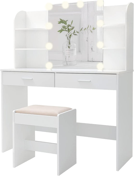 Large Vanity Set with 10 Light Bulbs, 2 Drawers (White)