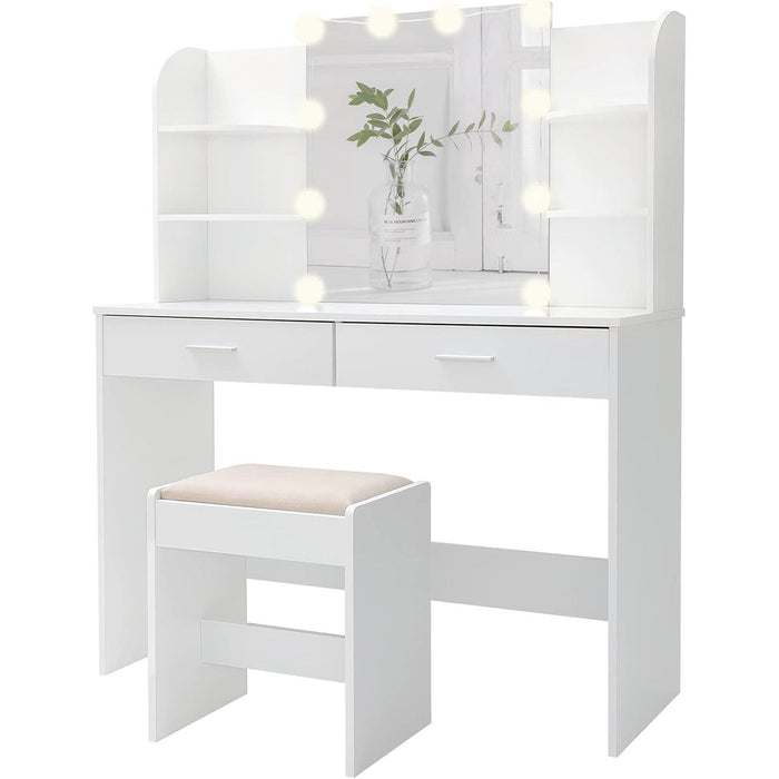 Large Vanity Set with 10 Light Bulbs, 2 Drawers (White)