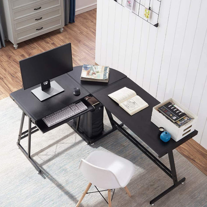 Jet Black L-Shaped Computer Desk with Stand