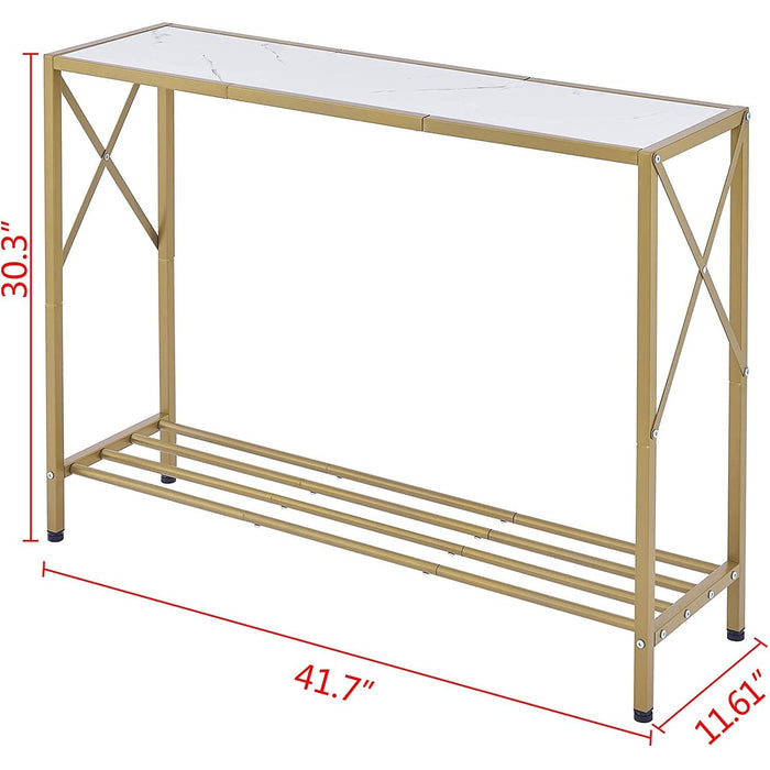 Gold and White Narrow Console Table with Shelves