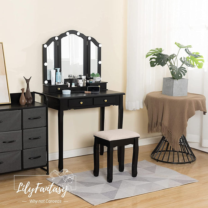 Black Vanity Set with Lighted Tri Fold Mirror