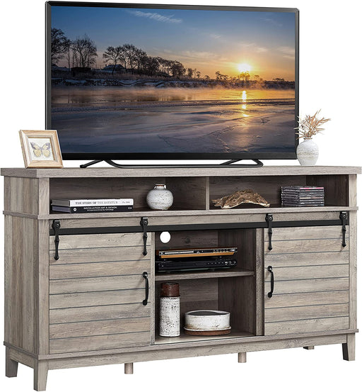 Gray Farmhouse TV Stand with Sliding Doors