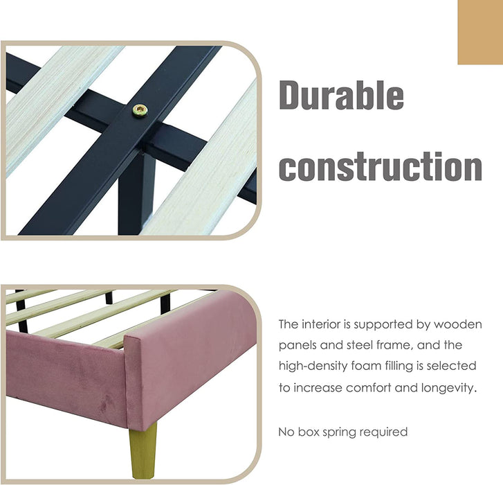 Queen Upholstered Platform Bed Frame, Pink Velvet