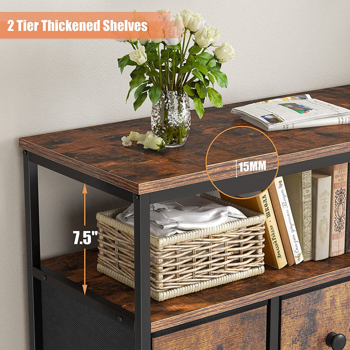 Rustic Brown Wooden Dresser with 7 Drawers and Open Shelves