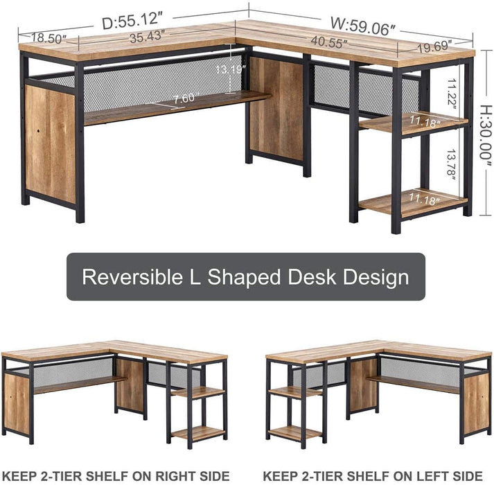 Rustic Industrial L-Shaped Office Desk with Shelves