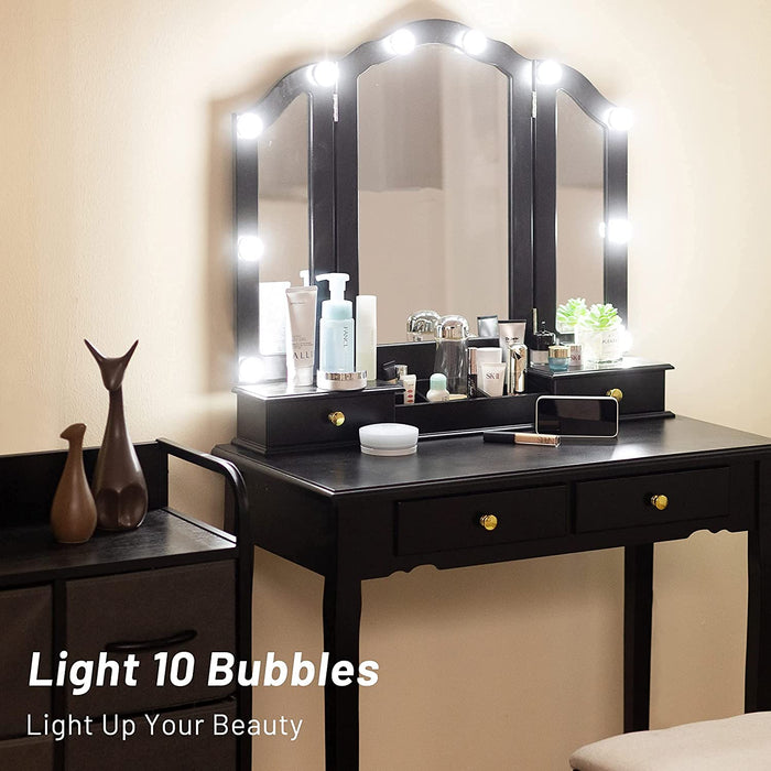 Tri-Fold Makeup Vanity with Lights, Mirror, Stool, 4 Drawers (Black)