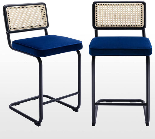 Rattan Counter Stools W/ Back, Blue Velvet Upholstery