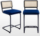 Rattan Counter Stools W/ Back, Blue Velvet Upholstery