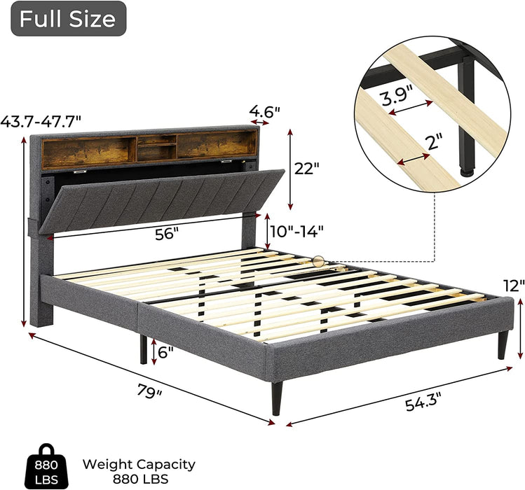 Dark Grey Full Size Platform Bed with Outlets