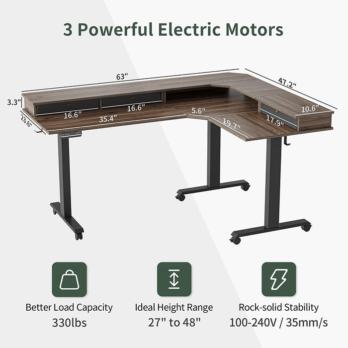 Triple Motor 63″ L Shaped Standing Desk with 3 Drawers, Electric, Black Frame/Black Walnut Top