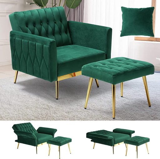 Green Velvet Recliner Chair with Ottoman and Pillow