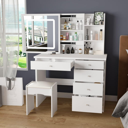 White Makeup Table with Sliding Lighted Mirror