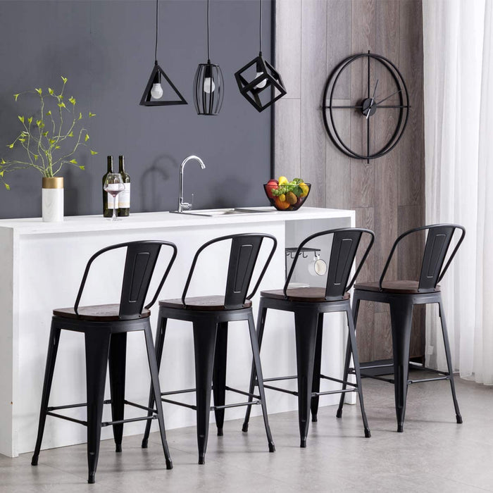 Matte Black 30″ High Back Metal Barstools (Set/4)