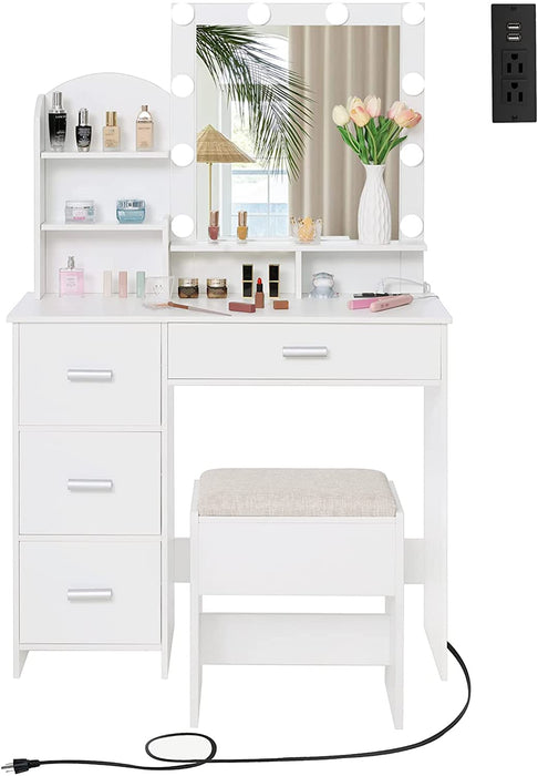 Quimoo Vanity Desk with Mirror and 10 LED Lights, Makeup Vanity