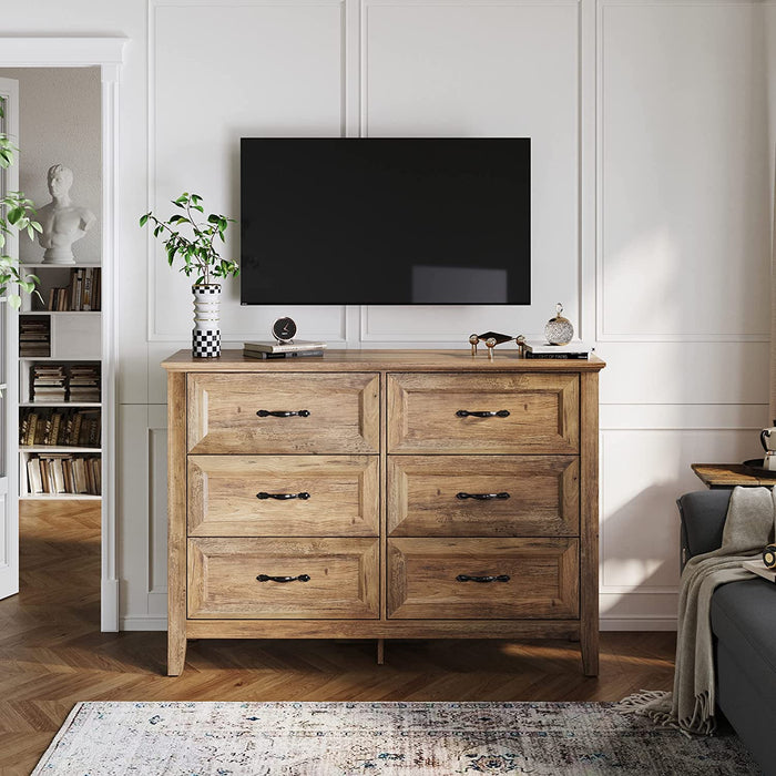 Long 6-Drawer Wood Chest with Metal Handles