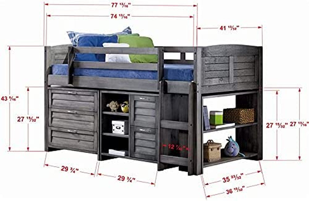 Louver Modular Low Loft Bed Combo B, Twin, Antique Grey