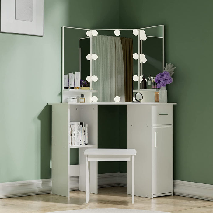 Makeup Corner Vanity Desk with Drawers Mirror and Lights for Small Space  Dresser