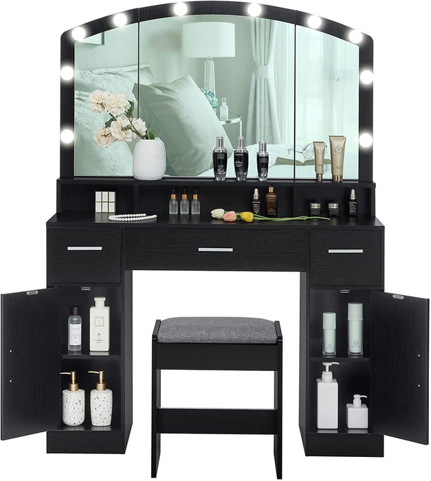 Black Vanity Table Set with Large Lighted Mirror