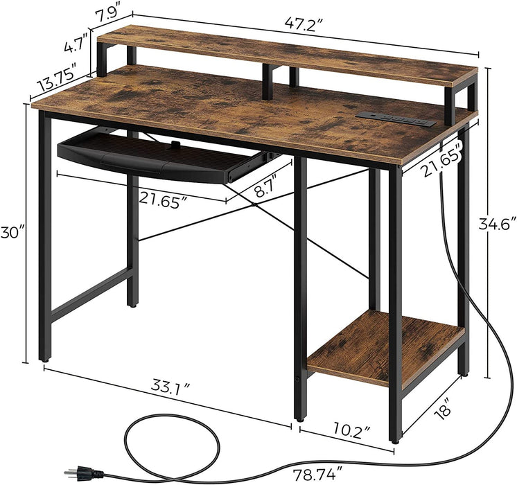 Rustic Brown Computer Desk with Power Outlet