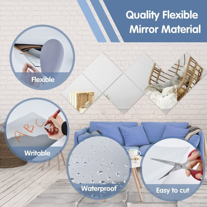 12 Pcs Acrylic Flexible Mirror Sheets, 12 x 12 in Mirror Tiles Self Adhesive Square Cuttable Mirror Wall Stickers Non Glass Acrylic Safety Reflective