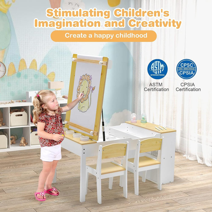 Costzon 2 in 1 Kids Table and Chair Set, Wood Art Table & Easel Set with 2 Chairs, 6 Storage Bins, Paper Rolle (Natural)