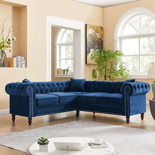 Blue Mid-Century Button Tufted Sectional Sofa