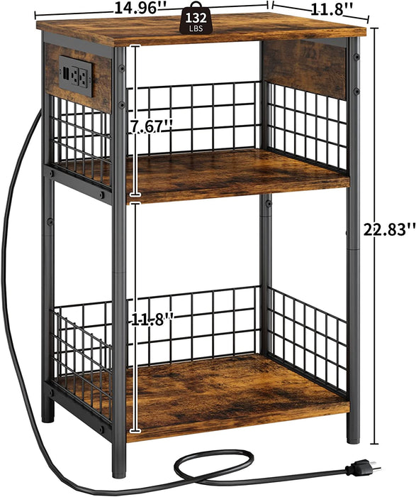 Rustic Brown Side Table with Charging Station