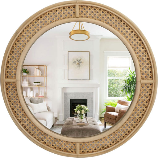 Round Rattan Wall Mirror with Wooden Framed, Modern Boho Decorative Mirror for Bathroom, Entry, Living Room, Bedroom, 24 Inch