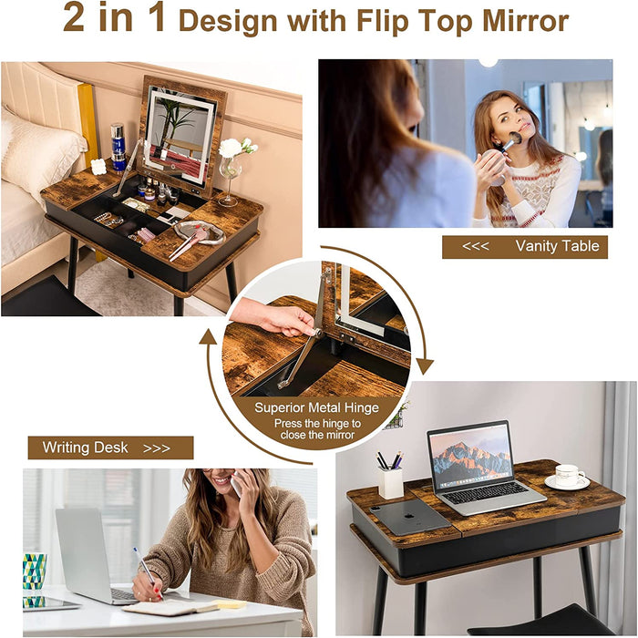 Rustic Brown Vanity Desk with Lighted Flip Top Mirror