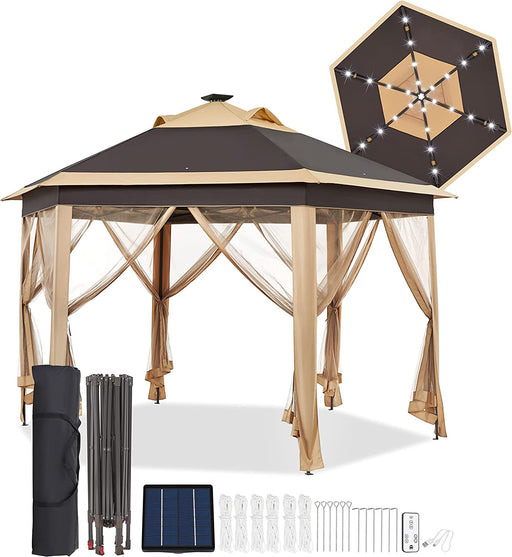 13′ × 13′ Pop-Up Patio Gazebo Tent W/Mesh Netting Sides & 25 Solar LED Lights, Hexagonal Double Vented 3 Height Adjustable Gazebo with Storage Bag for Backyard, Garden, Lawn, Khaki& Brown