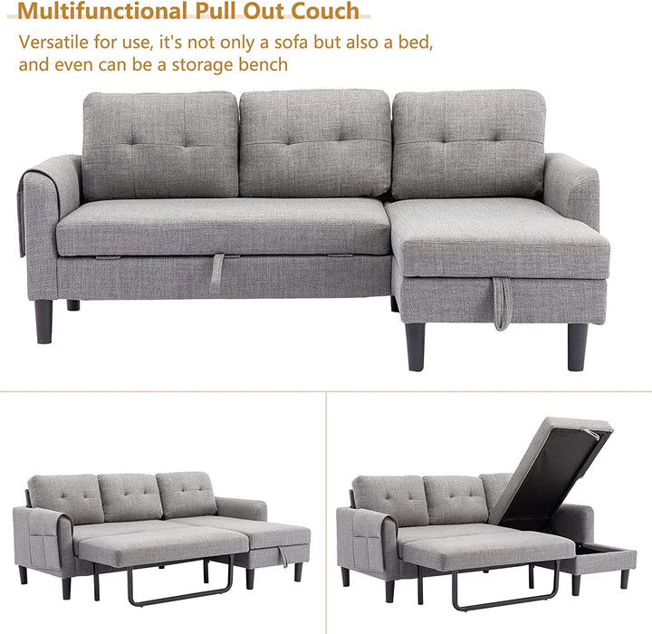 Grey L-Shaped Sleeper Sofa with Storage Chaise