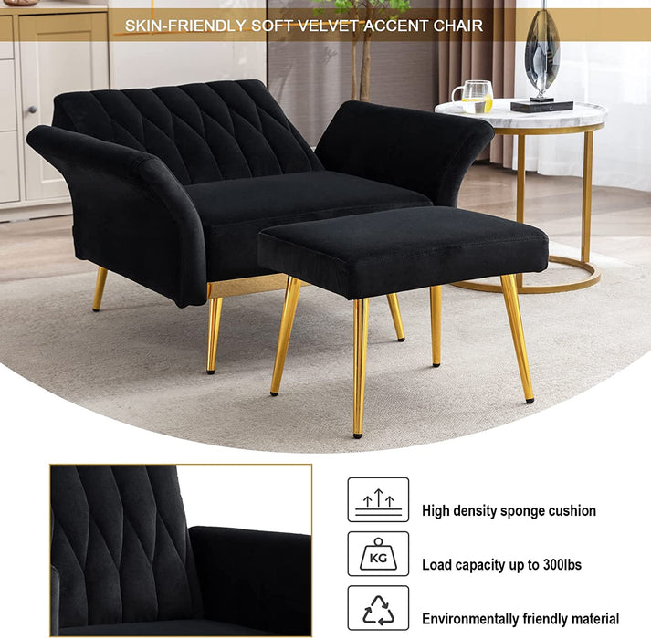 Black Velvet Lounge Chair with Ottoman, Adjustable Armrests