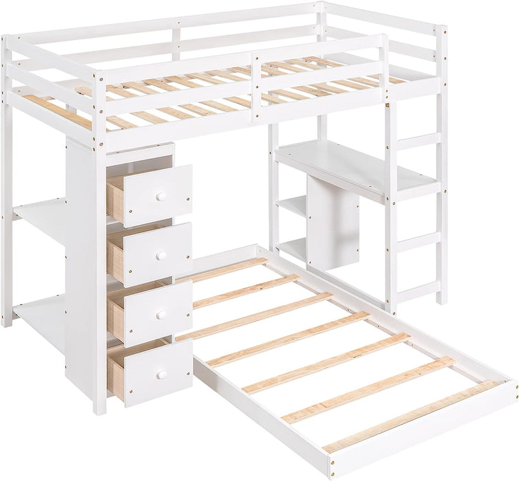 Twin Loft Bed with Desk and Storage Drawers, White