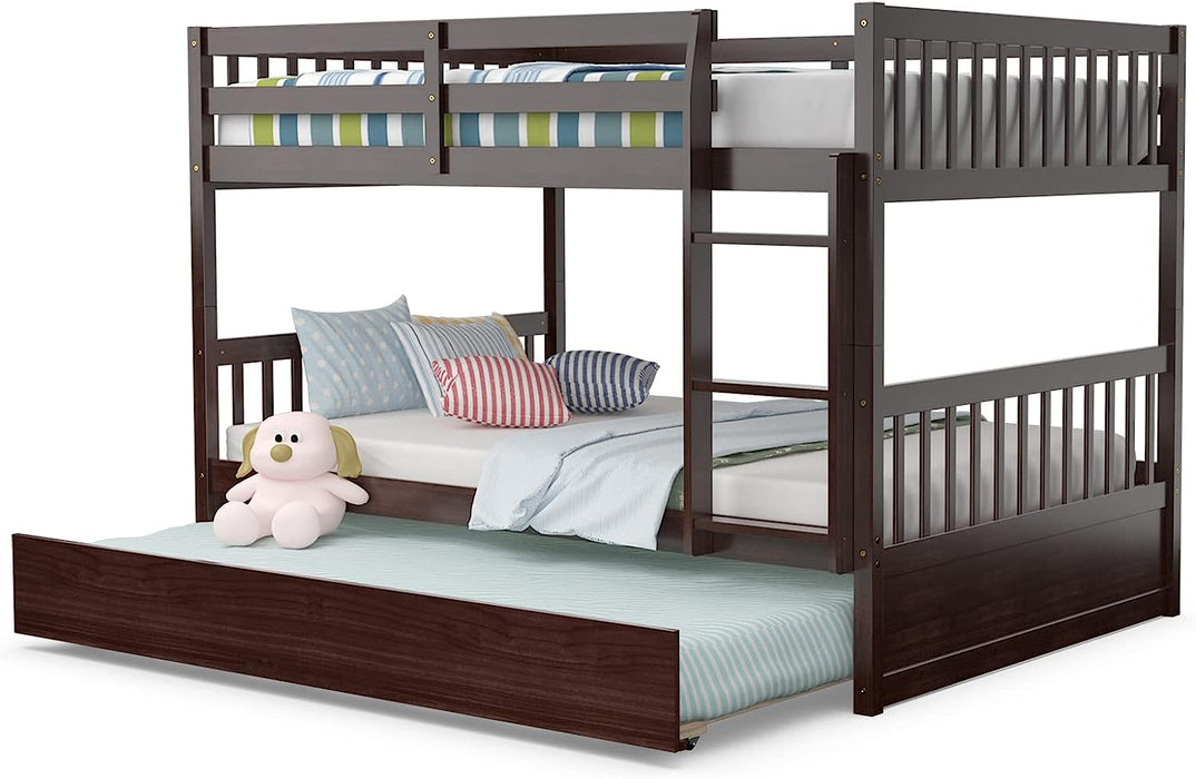 Full over Full Wood Bunk Bed with Trundle and Safety Guardrails