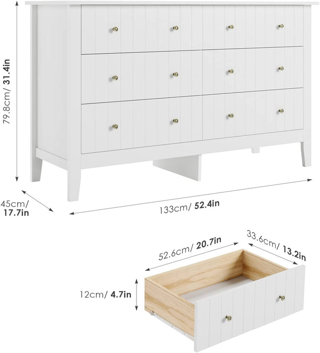 Modern White 6-Drawer Double Dresser, Wide Chest