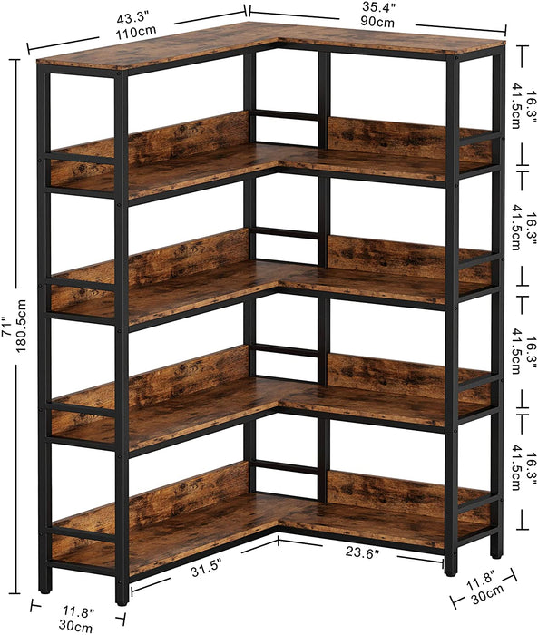 5-Tier Industrial Corner Bookcase with Metal Frame