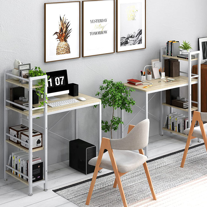 Small 4-Tier Desk with Bookshelf - Natural/White