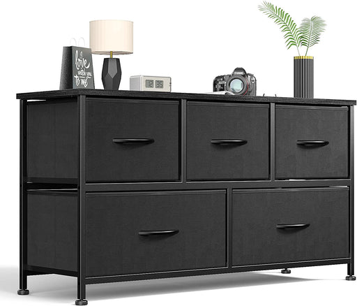 Fabric 5-Drawer Dresser with Wood Top for Bedroom Storage