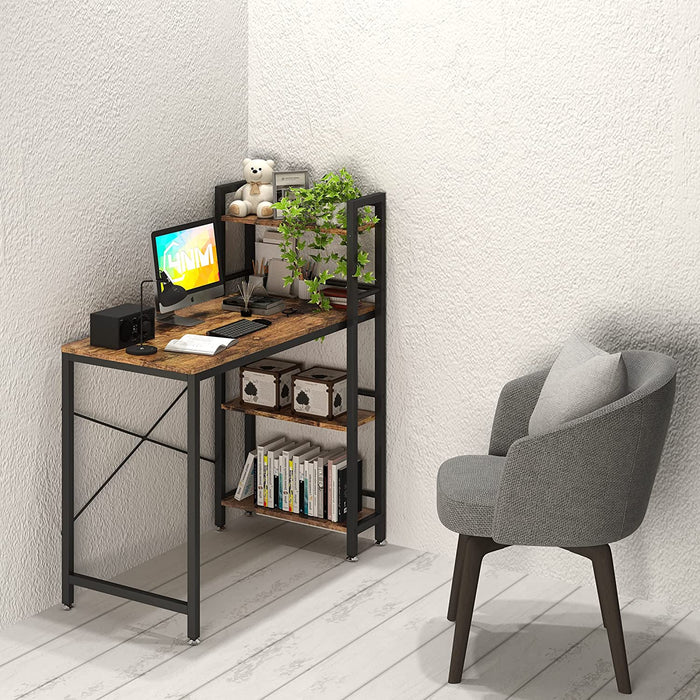 Small Rustic Desk with 4-Tier Bookshelf