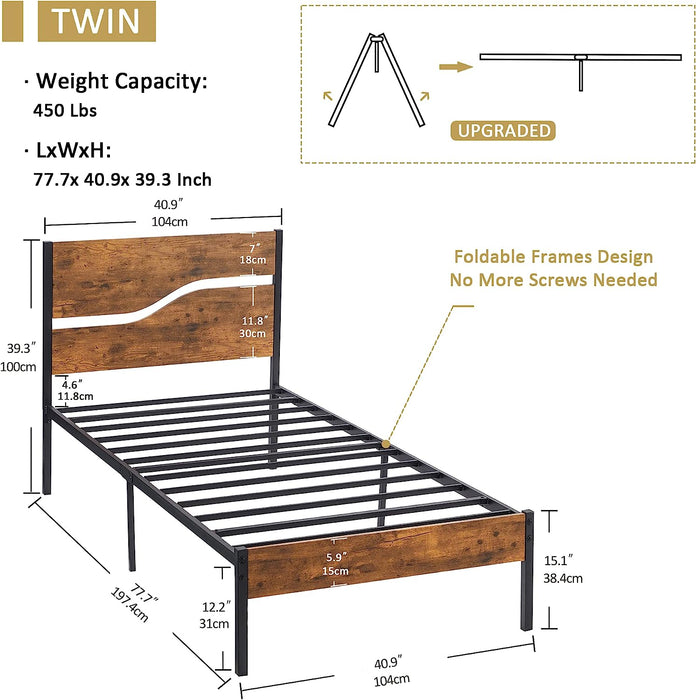 Twin Rustic Wood Headboard Platform Bed Frame
