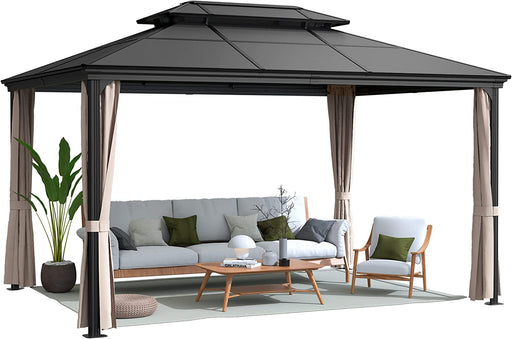 Hardtop Gazebo Aluminum Frame Outdoor Gazebo with Privacy Curtains and Gauze Mesh Sunshade Pavilion Double Roof Canopy for Patio, Lawn, Deck, Poolside (Polyurethane Roof, 10' X 13')