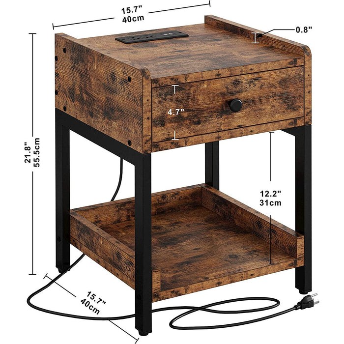 Bedside Table with Charging Station, Vintage Brown