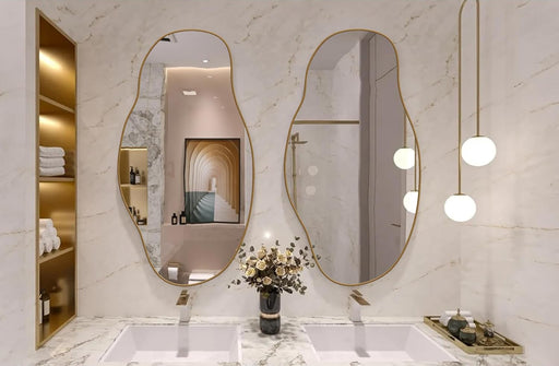Mirror Wall Art - Asymmetrical Wall Mirror - Large Wall Decor - Wood Framed Mirror - Aesthetic Design Irregular Mirror for Home Bathroom Living Room (1, Gold, 12.6"X23.6" | 32X60 Cm)