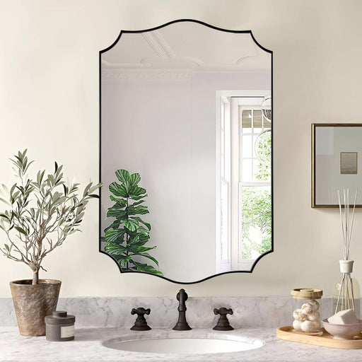 Black Vanity Mirror, Irregular Wall Mirror, 24X36 Mirror for Bathroom, Matte Black Asymmetrical Mirror, Scalloped Mirror in Stainless Steel Metal Frame, Wall Mount Vertical or Horizontal