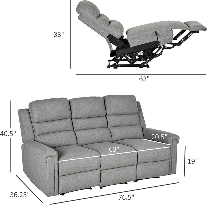 HOMCOM Recliner Sofa Couch with Easy Pull Handles and Adjustable Footrest, 3 Seater Sofa Modern Couch, Gray