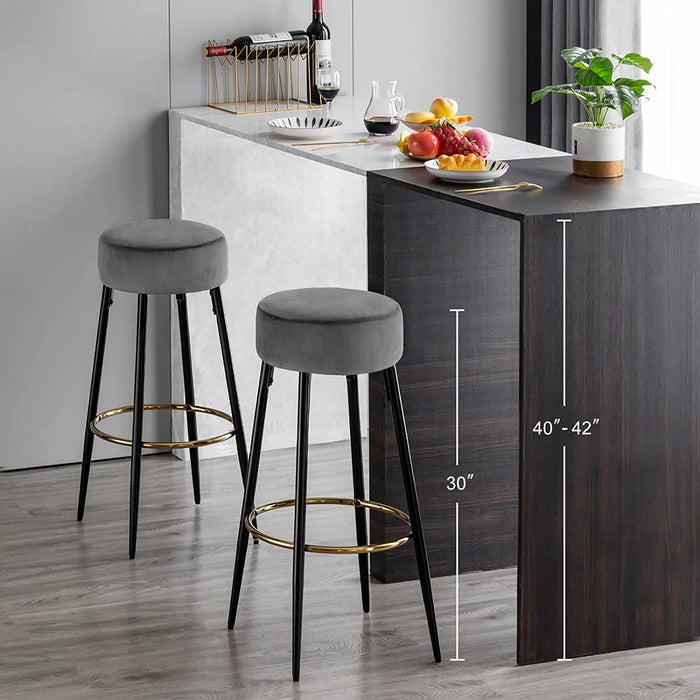 Modern Velvet Bar Stools Set of 2, Grey, 30 Inch Height